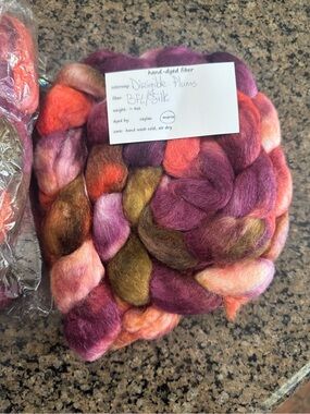 Two if by Hand - Hand-Dyed BFL/Silk Fiber Braid in Plums and Coral - Artisan Dye